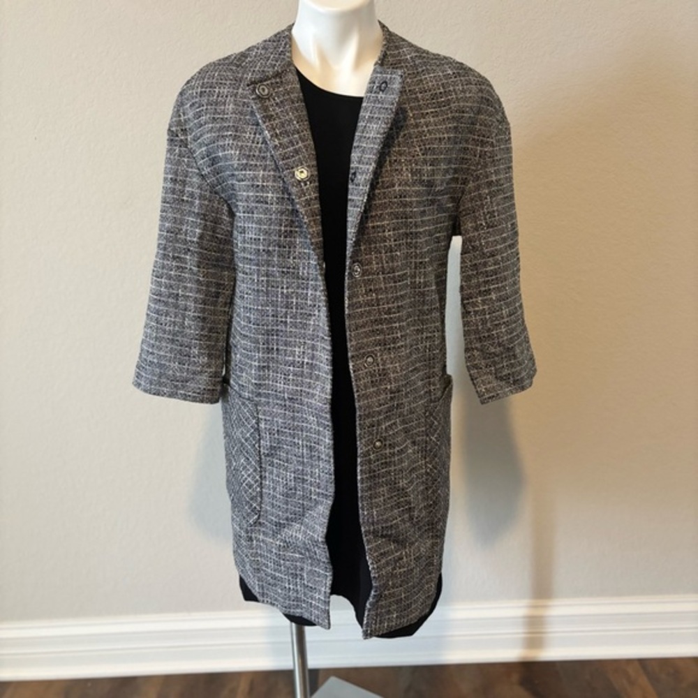 Stile Benetton Cropped Sleeve Black White Tweed Button Down Long Jacket‎ SEE